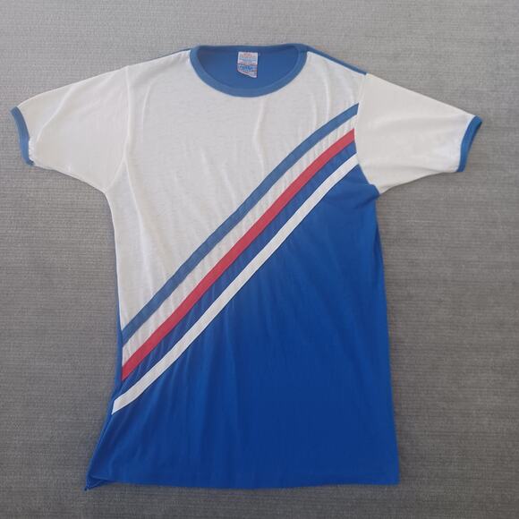 Vintage 70s T Shirt Mens S Blue Perma Prest Sears Varsity Race Stripe Ringer - Picture 1 of 8